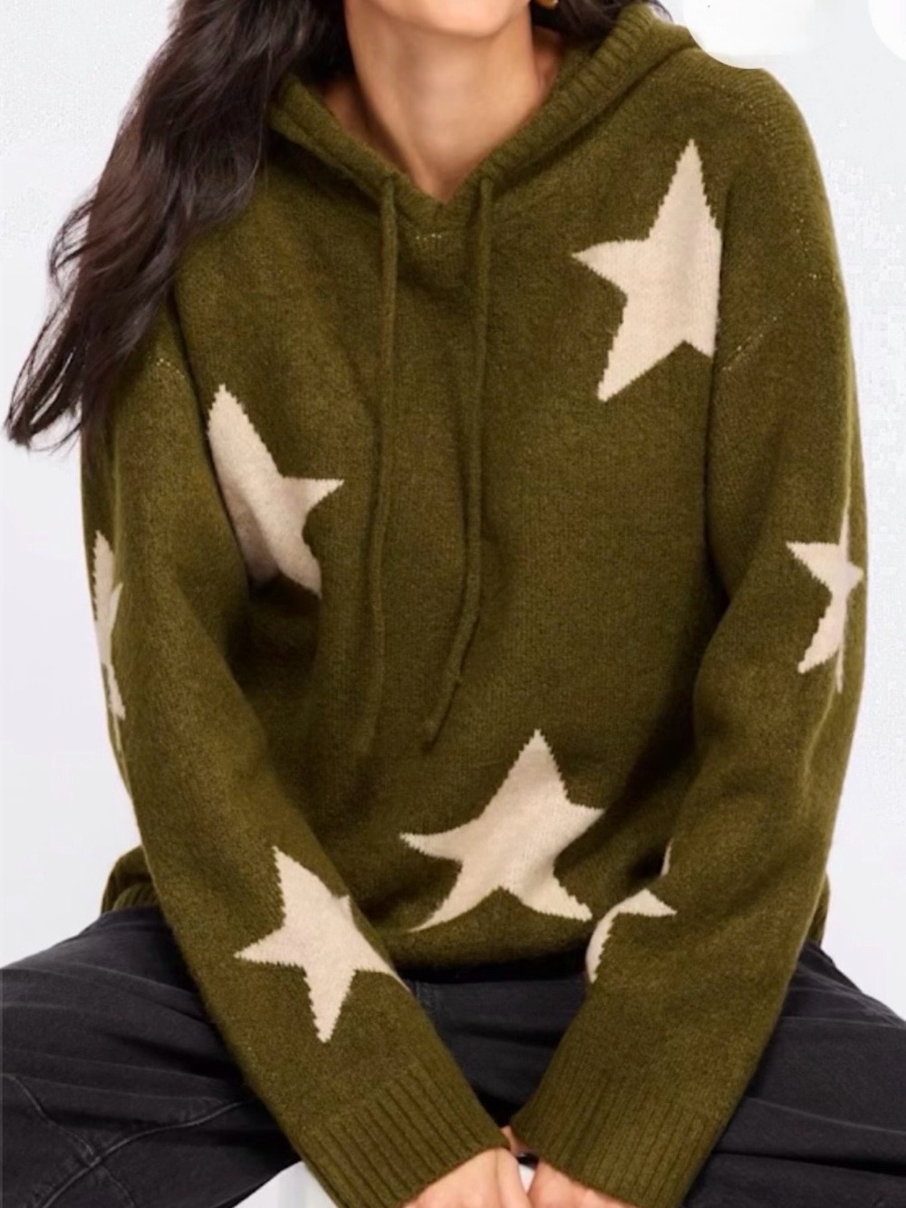 Olive Star-Print Hooded Sweater